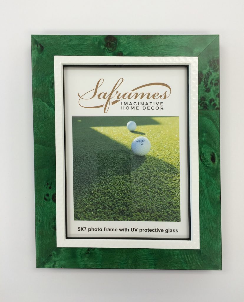 Green burl wood photo frame with golf ball textured inner border
